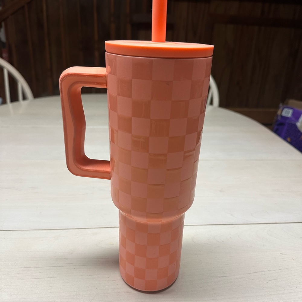 Vibrant Orange Checkered Tumbler with Handle
